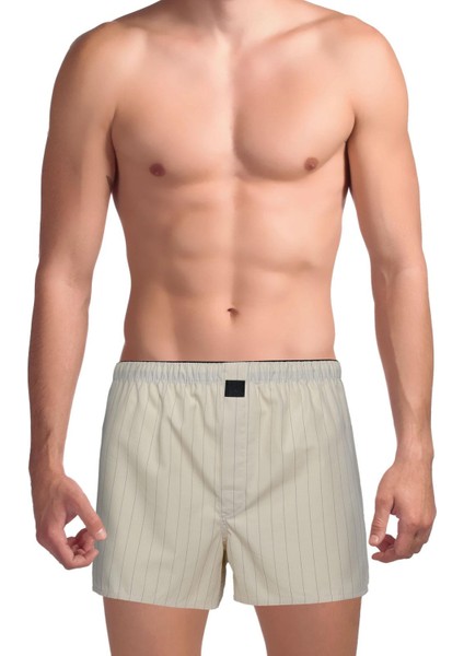 Poplin Erkek Boxer Koyu Krem Çizgili