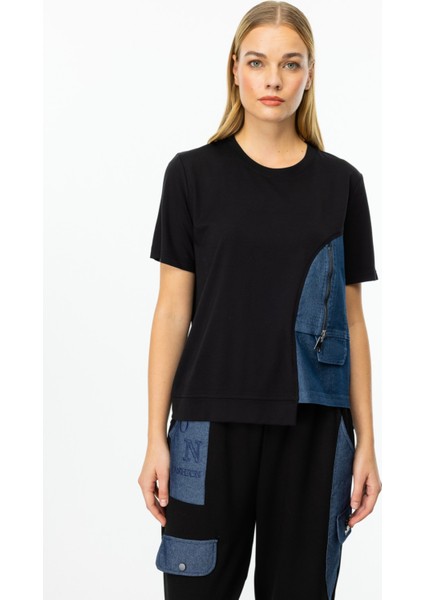 Asimetrik Desenli Denim Detaylı Bluz Siyah 56333