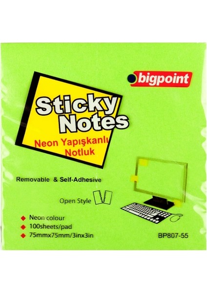 | Yapışkanlı Not Kağıdı 75X75MM 100 Yaprak Neon Yeşil – Iz Bırakmaz