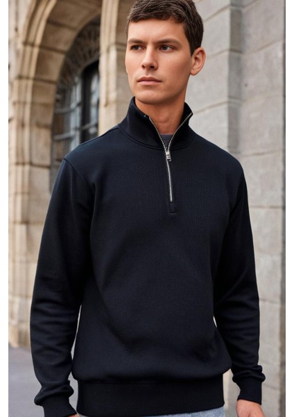 3 Iplik Pamuklu Erkek Sweatshirt Siyah Relax Fit Fermuarlı Dik Yarım Yaka Rahat Kesim Yumuşak Tuşe