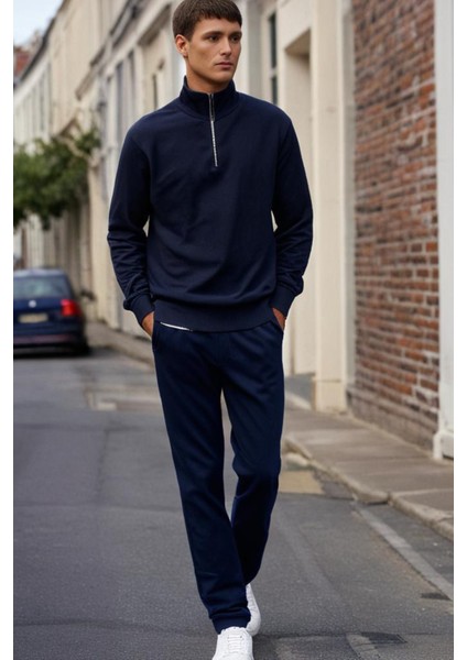 3 Iplik Pamuklu Erkek Sweatshirt Lacivert Relax Fit Fermuarlı Dik Yarım Yaka Rahat Kesm Yumuşak Tuşe