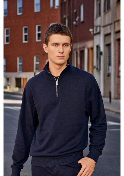 3 Iplik Pamuklu Erkek Sweatshirt Lacivert Relax Fit Fermuarlı Dik Yarım Yaka Rahat Kesm Yumuşak Tuşe modelleri