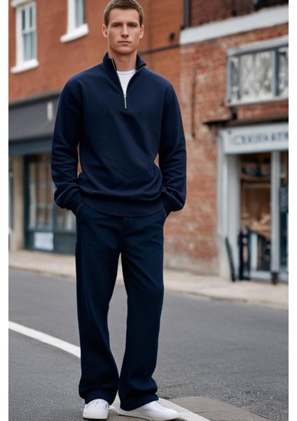 3 Iplik Pamuklu Erkek Sweatshirt Lacivert Relax Fit Fermuarlı Dik Yarım Yaka Rahat Kesm Yumuşak Tuşe