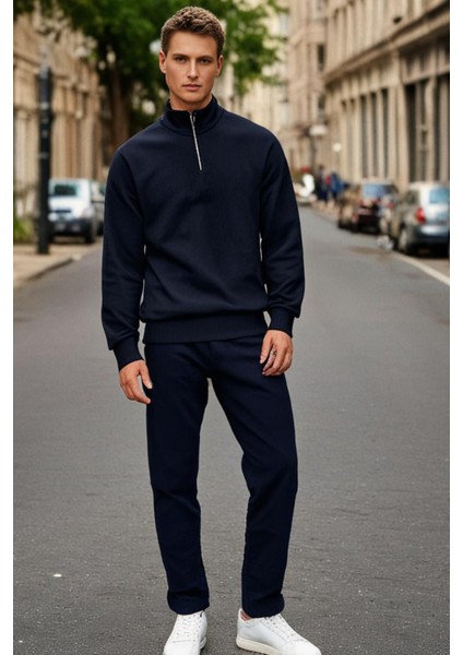 3 Iplik Pamuklu Erkek Sweatshirt Lacivert Relax Fit Fermuarlı Dik Yarım Yaka Rahat Kesm Yumuşak Tuşe