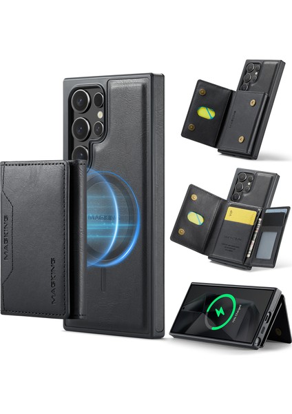 Magkıng K2 Serisi Samsung Galaxy S24 Ultra Kılıf Magsafe Pc+Tpu+Pu Telefon Kapağı-Siyah ile Uyumlu (Yurt Dışından)