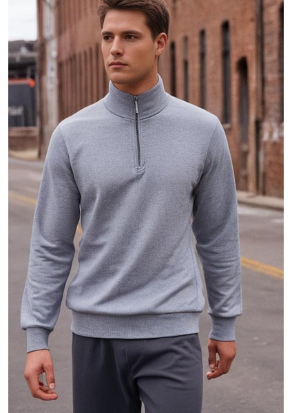 3 Iplik Pamuklu Erkek Sweatshirt Gri Relax Fit Fermuarlı Dik Yarım Yaka Rahat Kesim Yumuşak Tuşe fiyatları