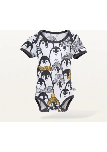 Pingu 2'li Bebek Zıbın Kısa Kollu %100 Organik Pamuk Penye Baskılı Beyaz-Antrasit