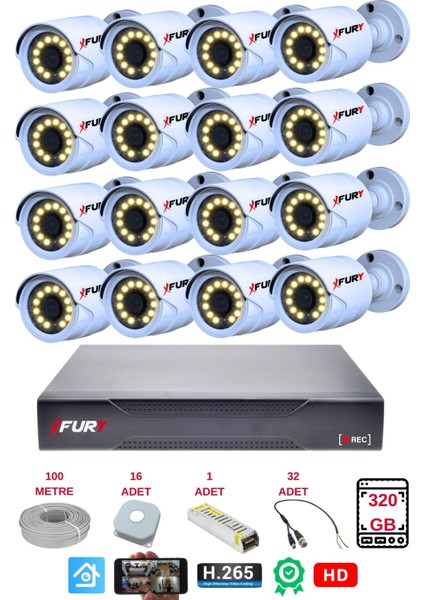 16 Lı Gece Renkli Görüş Güvenlik Kamerası Full Hd-Su Geçirmez Güvenlik Kamerası Seti 320GB