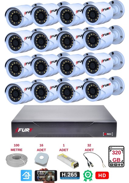 16 Lı Gece Renkli Görüş Güvenlik Kamerası Full Hd-Su Geçirmez Güvenlik Kamerası Seti 320GB