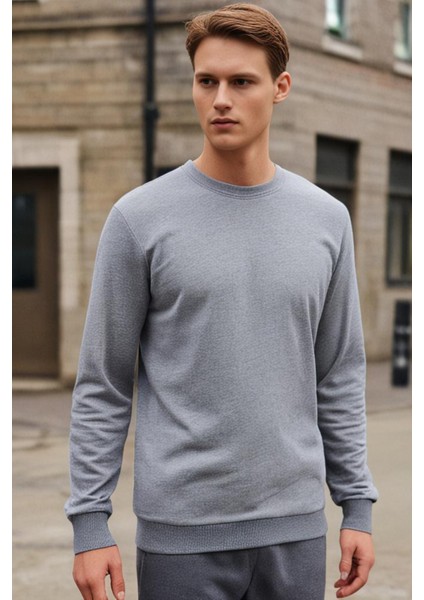 3 Iplik Pamuklu Erkek Sweatshirt Gri Relax Fit Basic Bisiklet Yaka Rahat Kesim Yumuşak Tuşe