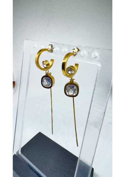 Stainless Steel Gold Kaplama Taş Detaylı Sallantılı Küpe modelleri