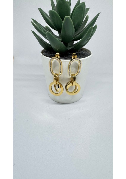 Stainless Steel Gold Kaplama Taş Detaylı Oval Sarkıt Küpe