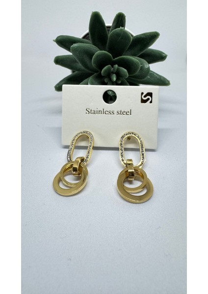 Stainless Steel Gold Kaplama Taş Detaylı Oval Sarkıt Küpe