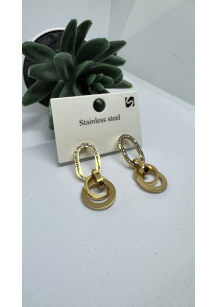 Stainless Steel Gold Kaplama Taş Detaylı Oval Sarkıt Küpe
