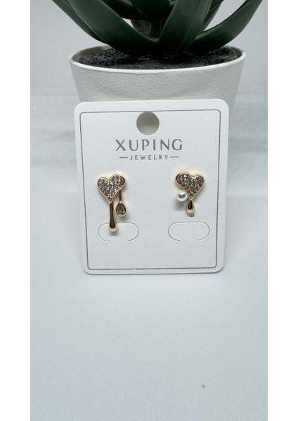 Xuping Çelik Gold Kaplama Taşlı Mini Kalp Inci Detaylı Küpe