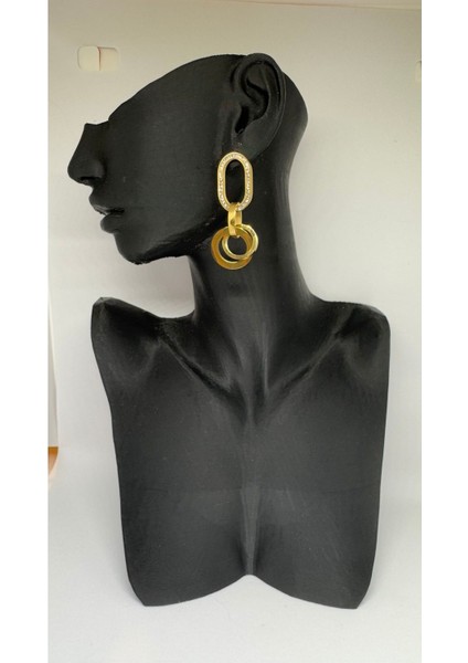 Stainless Steel Gold Kaplama Taş Detaylı Oval Sarkıt Küpe