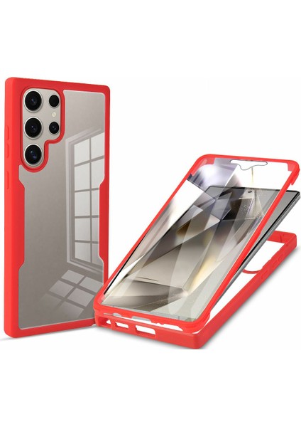 Samsung Galaxy S25 Ultra Kılıf Akrilik+Tpu Pet Ekran Filmli Şeffaf Telefon Kılıfı-Kırmızı (Yurt Dışından)