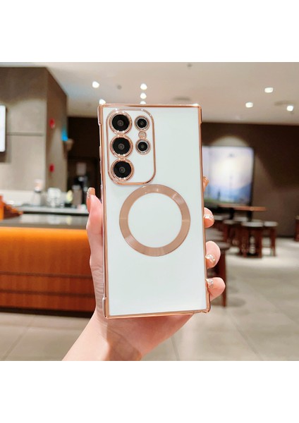 Samsung Galaxy S24 Ultra Kılıf Magsafe Elektro Kaplama Tpu Telefon Kapağı ile Uyumlu-Fildişi Beyazı (Yurt Dışından)