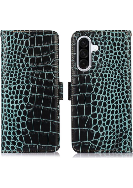 Samsung Galaxy A56 5g Kılıf Timsah Dokulu Hakiki Inek Derisi Telefon Cüzdan Kapağı-Yeşil (Yurt Dışından)