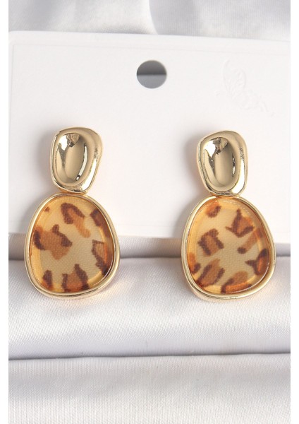 Pirinç Gold Renk Sallantı Leopar Desen Kare Model Kadın Küpe
