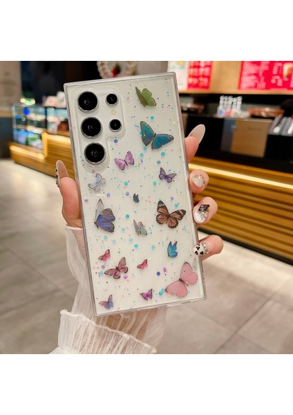 Samsung Galaxy S25 Ultra Kılıf Anti Drop Tpu Telefon Arka Kapak Epoksi Simli -Mavi (Yurt Dışından)