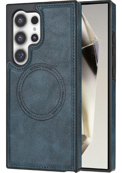 Samsung Galaxy S24 Ultra Kılıf Magsafe Pc+Tpu+Deri Arka Kapak-Mavi ile Uyumlu (Yurt Dışından)