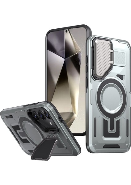 Samsung Galaxy S25+/S24+ Kılıf Için Magsafe Lens Kapağı ile Uyumlu Kickstand Pc+Tpu Arka Kapak-Gümüş (Yurt Dışından)