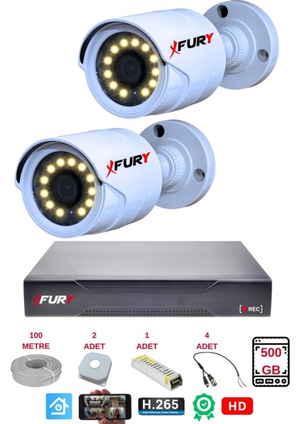 2 Li Gece Renkli Görüş Güvenlik Kamerası Full Hd-Su Geçirmez Güvenlik Kamerası Seti 500GB