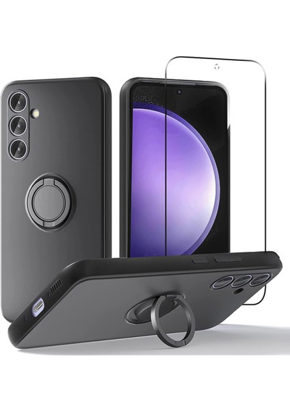 Samsung Galaxy A36 5g Kılıf Için Sıvı Silikon Kickstand Kapak 2.5d Ark Kenar Temperli Cam Film-Siyah (Yurt Dışından)