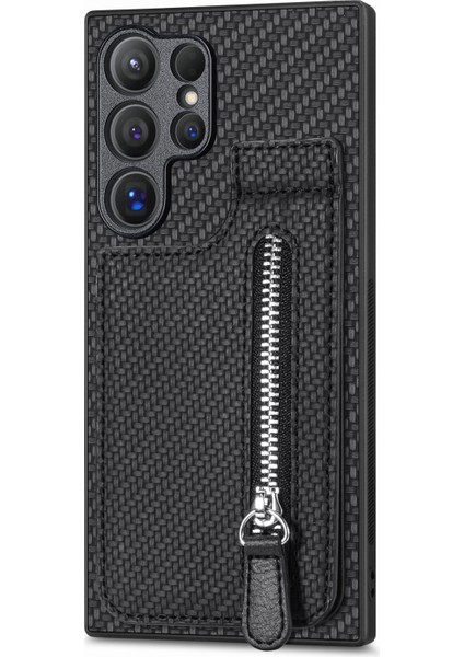 Samsung Galaxy S25 Ultra Kılıf Deri Telefon Arka Kapak Fermuarlı Kart Tutucu Kickstand-Siyah (Yurt Dışından)