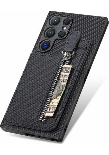 Samsung Galaxy S25 Ultra Kılıf Deri Telefon Arka Kapak Fermuarlı Kart Tutucu Kickstand-Siyah (Yurt Dışından)