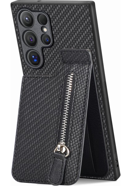 Samsung Galaxy S25 Ultra Kılıf Deri Telefon Arka Kapak Fermuarlı Kart Tutucu Kickstand-Siyah (Yurt Dışından)