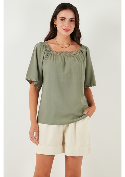 Güpürlü Regular Fit Kare Yaka Bluz Bayan Bluz 5869003