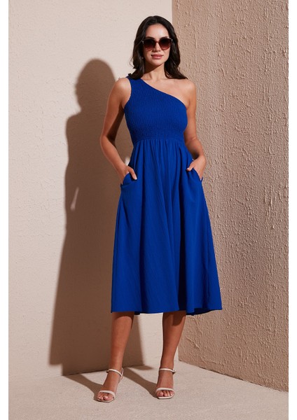 Regular Fit Tek Omuz Belden Açılan Gipeli Midi Boy Elbise Bayan Elbise 67810248