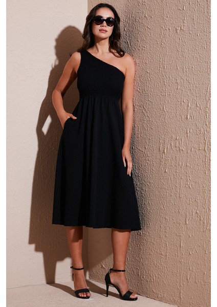 Regular Fit Tek Omuz Belden Açılan Gipeli Midi Boy Elbise Bayan Elbise 67810248
