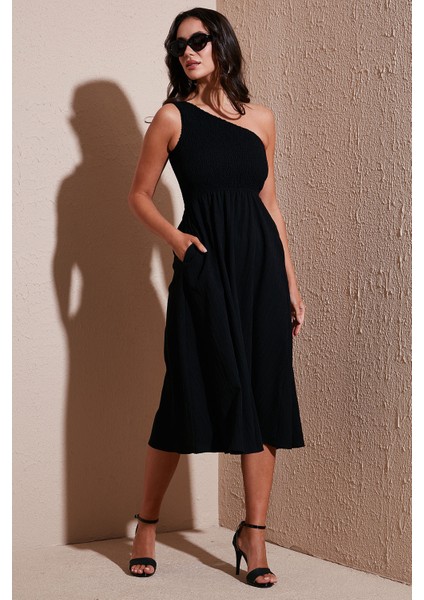 Regular Fit Tek Omuz Belden Açılan Gipeli Midi Boy Elbise Bayan Elbise 67810248