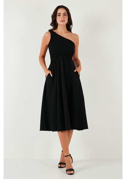 Regular Fit Tek Omuz Belden Açılan Gipeli Midi Boy Elbise Bayan Elbise 67810248
