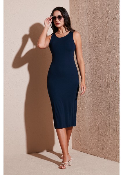 Fitilli Slim Fit Bisiklet Yaka Yırtmaçlı Midi Boy Elbise Bayan Elbise 5866101 fiyatları