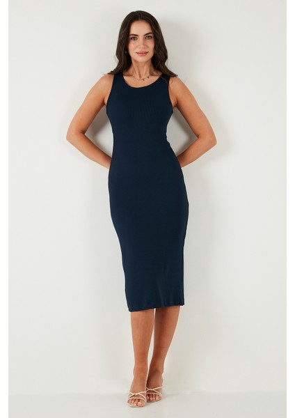 Fitilli Slim Fit Bisiklet Yaka Yırtmaçlı Midi Boy Elbise Bayan Elbise 5866101 modelleri