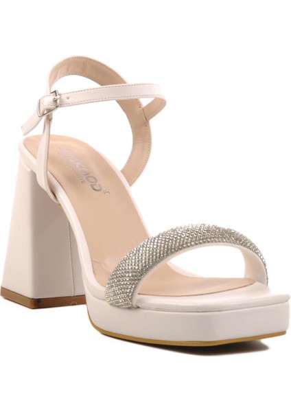 336535 Z Beyaz Kadın Platform Topuk Taşlı Sandalet