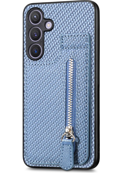 Samsung Galaxy S25+ Kılıf Deri Telefon Arka Kapak Fermuarlı Kart Tutacağı Kickstand-Mavi (Yurt Dışından)