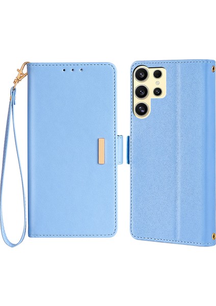 Samsung Galaxy S24 Ultra Deri Cüzdan Kılıf Rfıd Engelleme El Askılı Stand Kapağı-Mavi (Yurt Dışından)