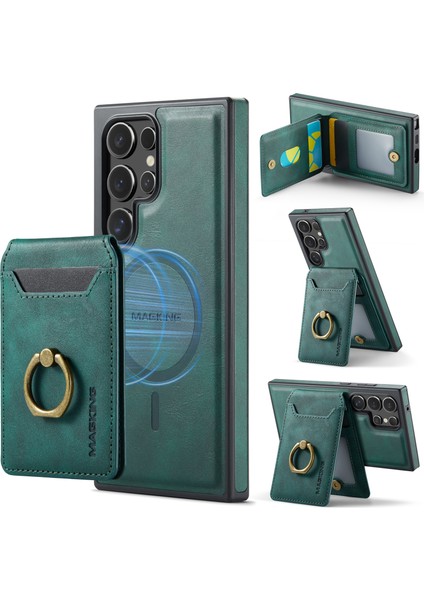Magkıng K1 Serisi Samsung Galaxy S23 Ultra Manyetik Kılıf Pc+Tpu+Pu Telefon Kılıfı Kart Tutuculu-Yeşil (Yurt Dışından)