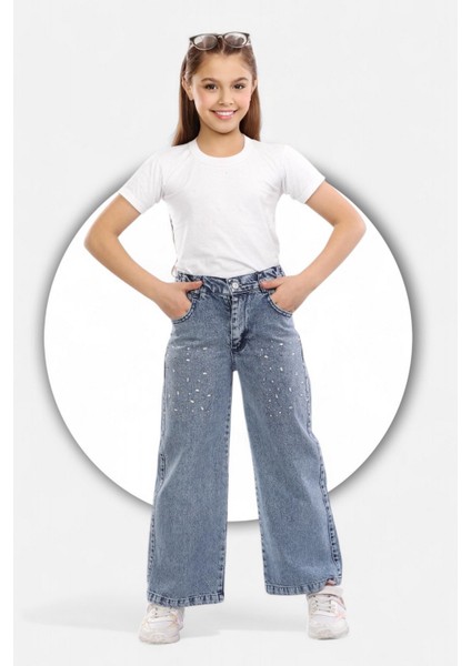 Pamuk-Denim-Kot-Serpme Taşlı-Kar Yıkamalı-Kız Çocuk Pantolonu-Palazzo fiyatları