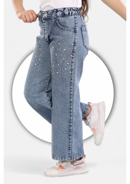 Pamuk-Denim-Kot-Serpme Taşlı-Kar Yıkamalı-Kız Çocuk Pantolonu-Palazzo fırsatları