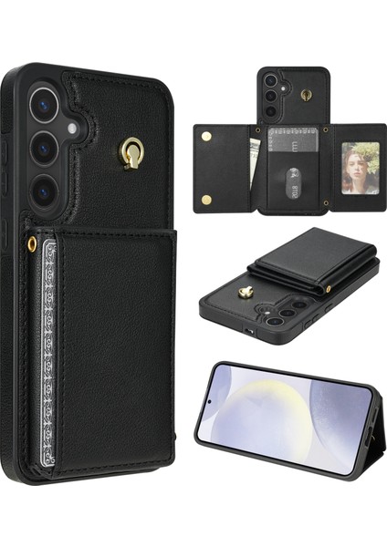 Samsung Galaxy A55 5g Kılıf Üç Katlı Kart Tutucu Kickstand Tpu+Deri Arka Kapak Omuz Askılı-Siyah (Yurt Dışından)