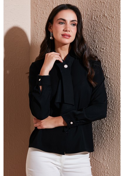 Standart Fit Taşlı Düğmeli Fularlı Yaka Uzun Kollu Gömlek Bayan Gömlek 611GO00333