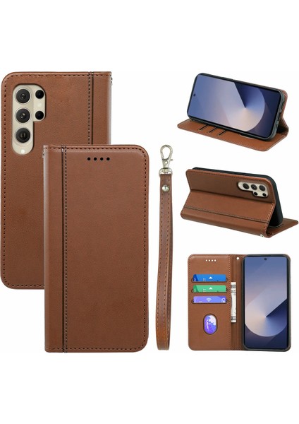 HX01 Samsung Galaxy S25 Ultra Cüzdan Kılıf Manyetik Kapanış Pu Deri Telefon Kapağı-Kahverengi (Yurt Dışından)