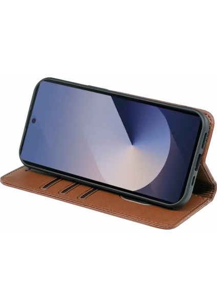 HX01 Samsung Galaxy S25 Ultra Cüzdan Kılıf Manyetik Kapanış Pu Deri Telefon Kapağı-Kahverengi (Yurt Dışından)