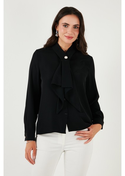 Standart Fit Taşlı Düğmeli Fularlı Yaka Uzun Kollu Gömlek Bayan Gömlek 611GO00333 indirimleri